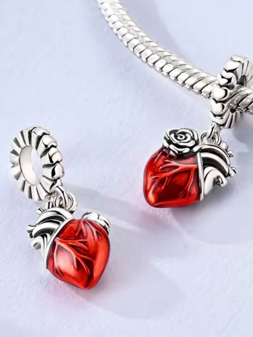Pandora Silver Red Rose Heart Dangle Charm Pair
